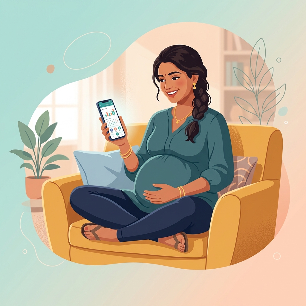 Pregnant Indian woman understanding early pregnancy symptoms Gynosakhi app